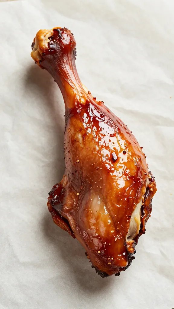 single smoked turkey leg on parchment, tacky sheen