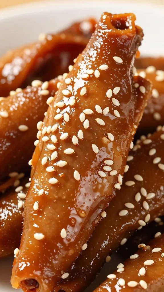 closeup of sauce-lacquered turkey skin with sesame-like shine