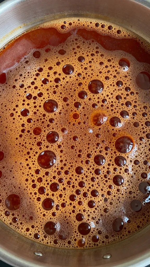 simmering bubbles on ketchup-molasses bbq sauce surface