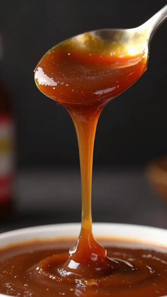 thick bbq sauce ribbon falling from spoon, macro shot