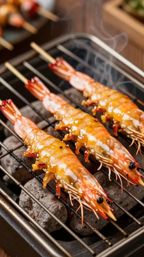closeup of glazed shrimp skewer on charcoal grill grate
