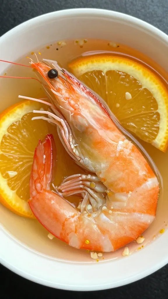 single raw shrimp in citrus-garlic marinade bowl