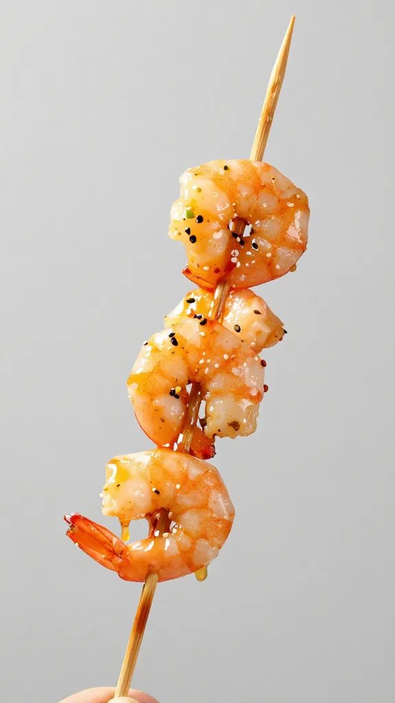 brushed shrimp skewer with marinade dripping off