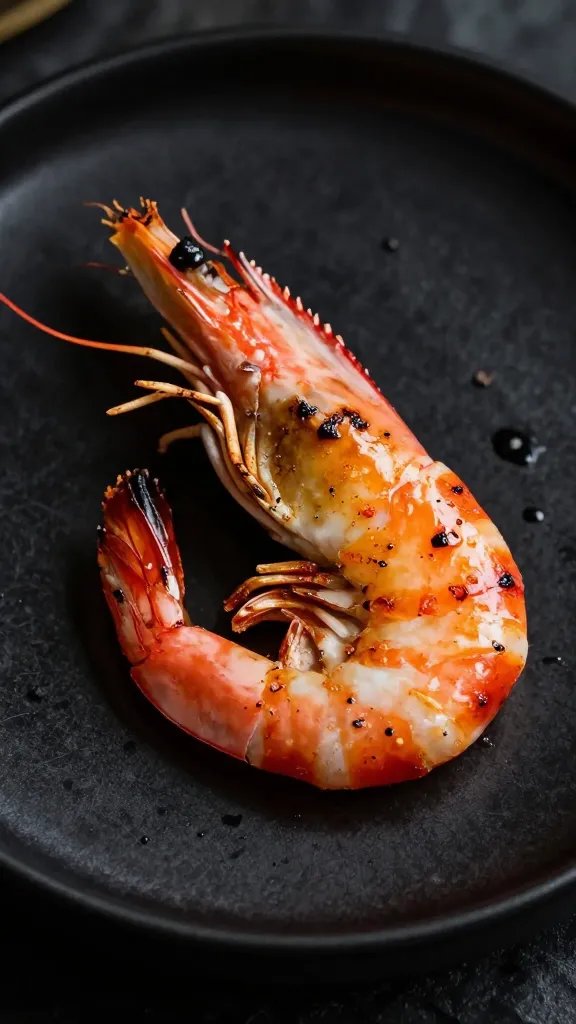 single grilled shrimp with char marks on black plate