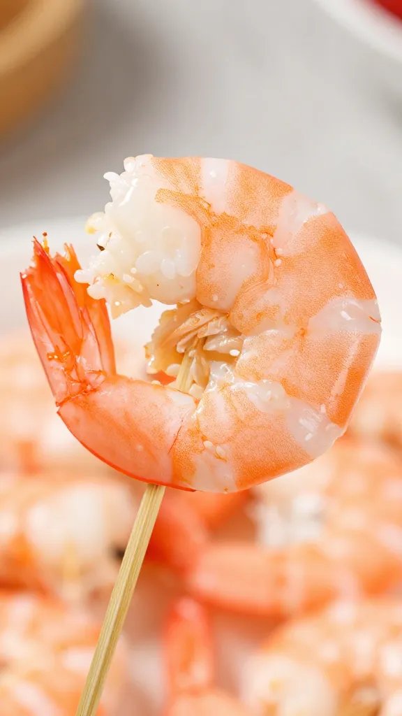 wooden skewer tip piercing marinated shrimp closeup