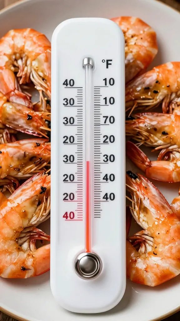 thermometer reading 145°F beside grilled shrimp