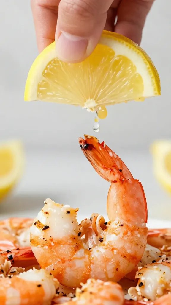 lemon wedge squeezed over one grilled shrimp