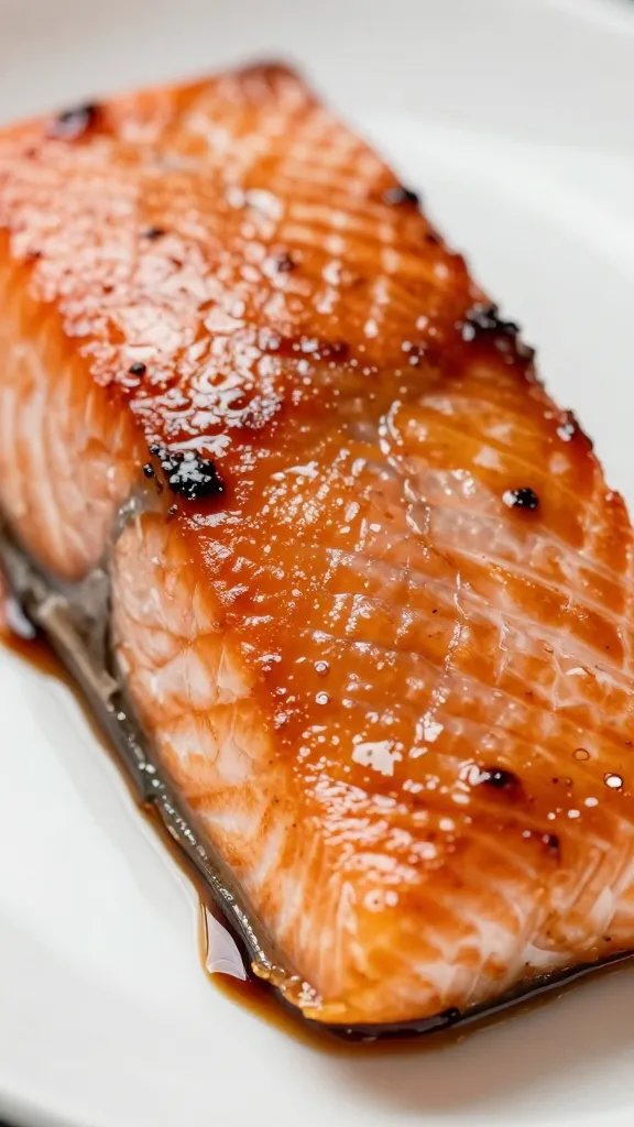 Cedar-planked salmon fillet, glossy BBQ glaze closeup
