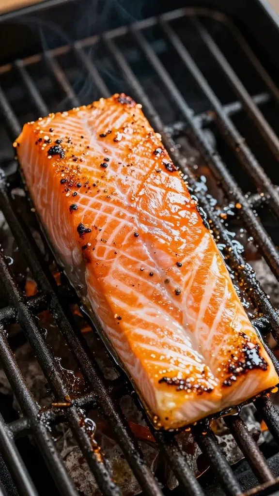 Single glazed salmon fillet on grill grates, sizzling