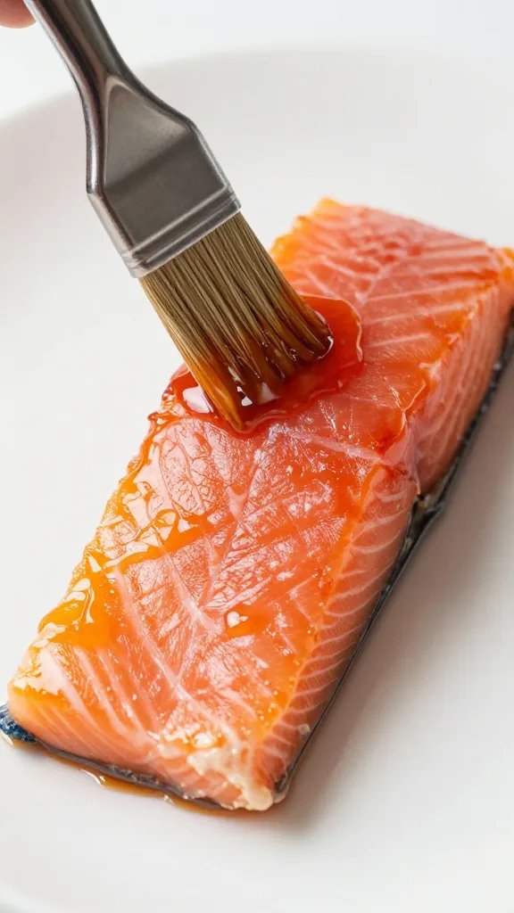 Pastry brush glazing salmon, sticky lacquer sheen
