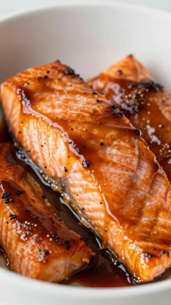 Bowl of BBQ salmon glaze, viscous drizzle closeup