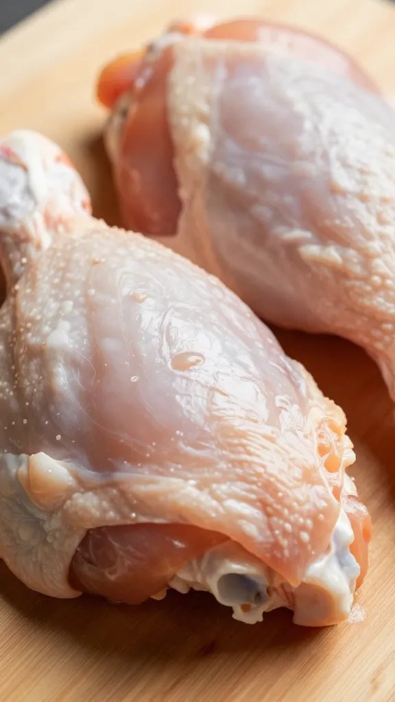 closeup of raw chicken thigh patted dry on board