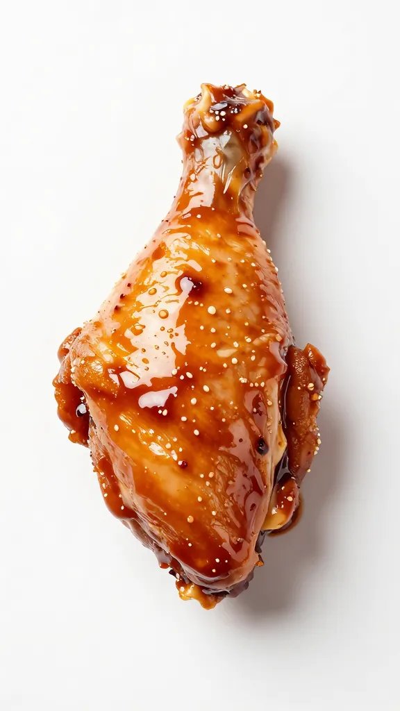single chicken thigh in glossy BBQ marinade, overhead