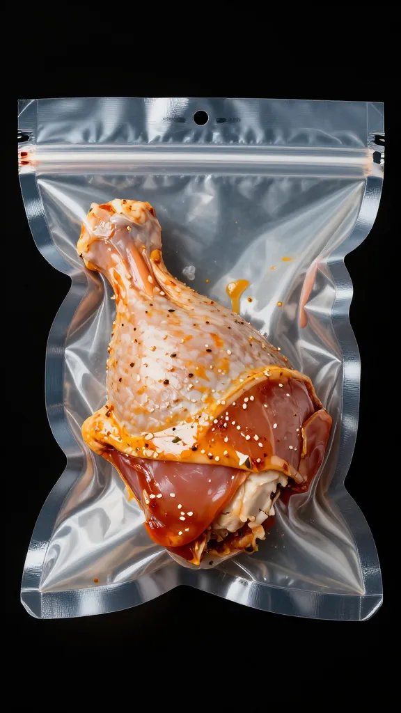 vacuum-sealed bag with one marinated chicken thigh