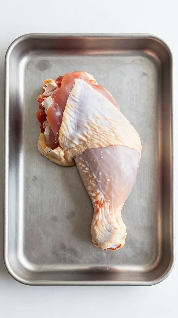 stainless sheet pan holding one marinating chicken thigh