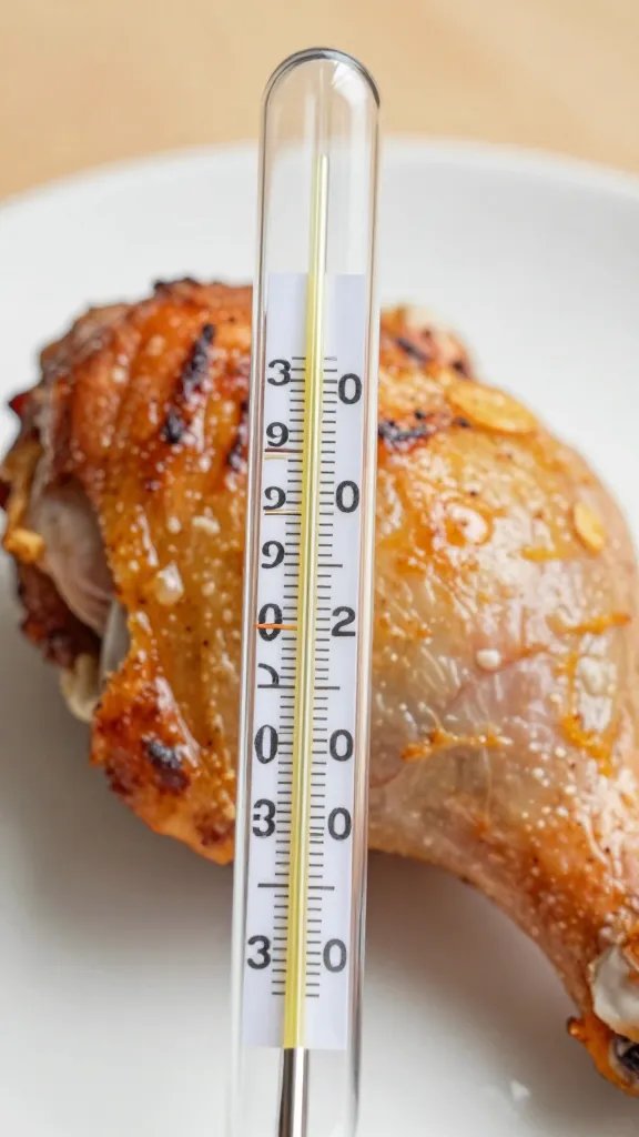 thermometer probe in grilled chicken thigh, tight crop