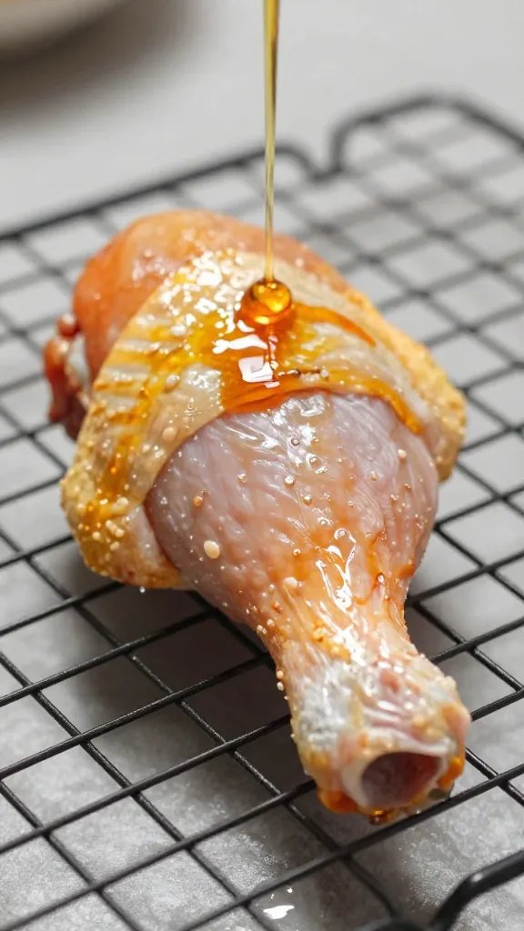 single chicken thigh on wire rack, marinade dripping