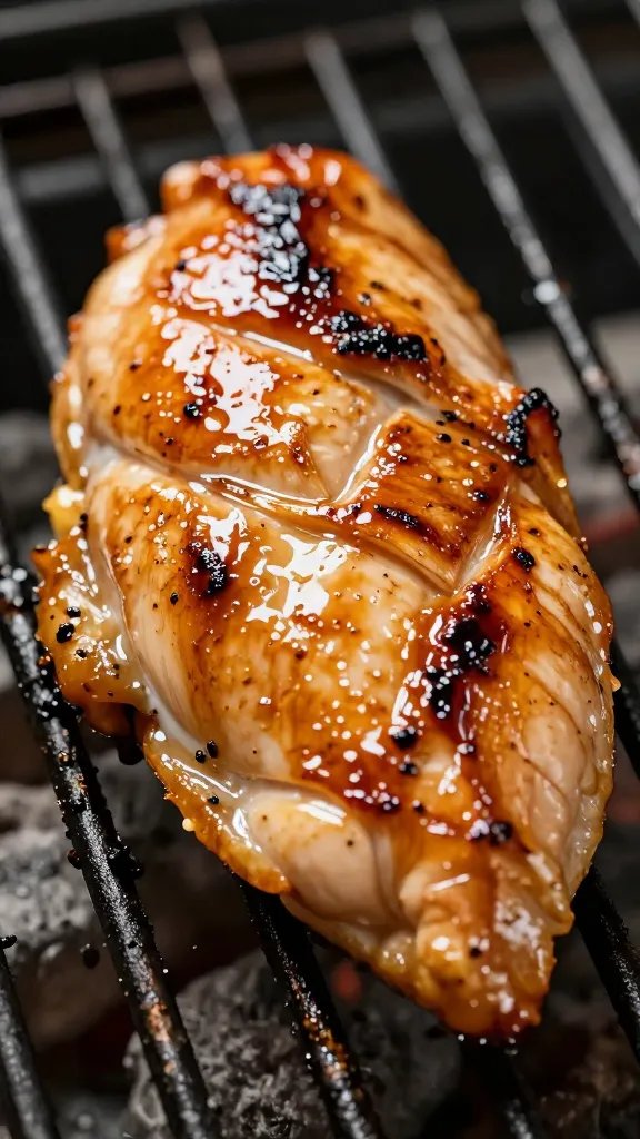 Closeup glazed chicken breast on grill grates, glossy finish