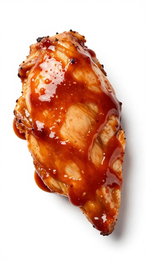 Brushed-on BBQ sauce coating a single chicken breast
