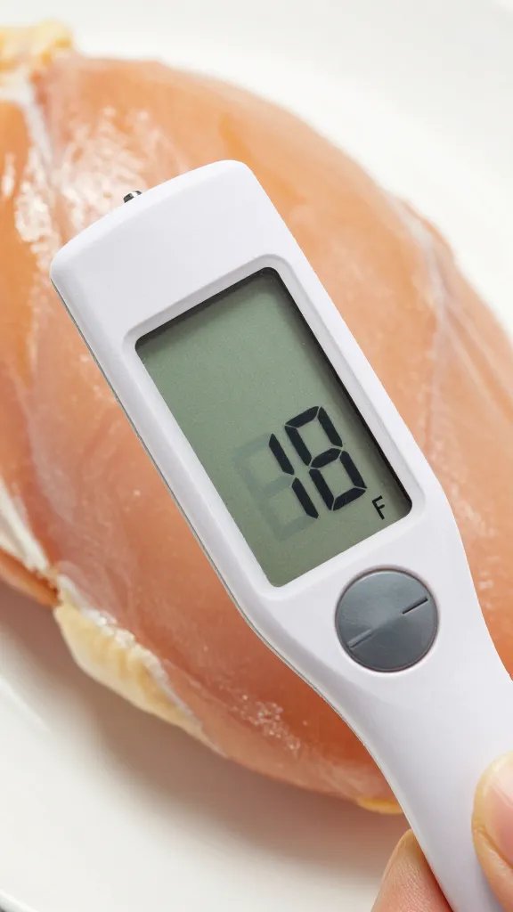 Thermometer probe in juicy chicken breast, 165°F display