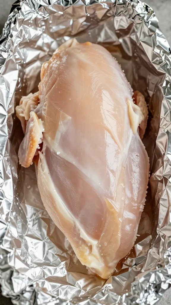 Single resting chicken breast tented with foil, closeup