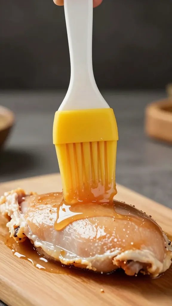 Sauce-dipped silicone basting brush, dripping over chicken breast