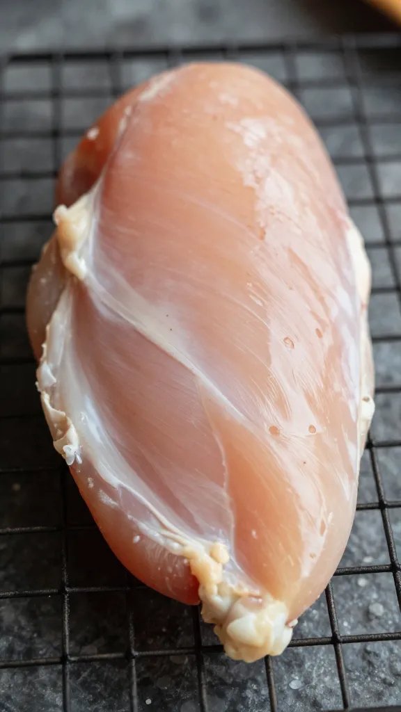 Single raw seasoned chicken breast on wire rack, closeup