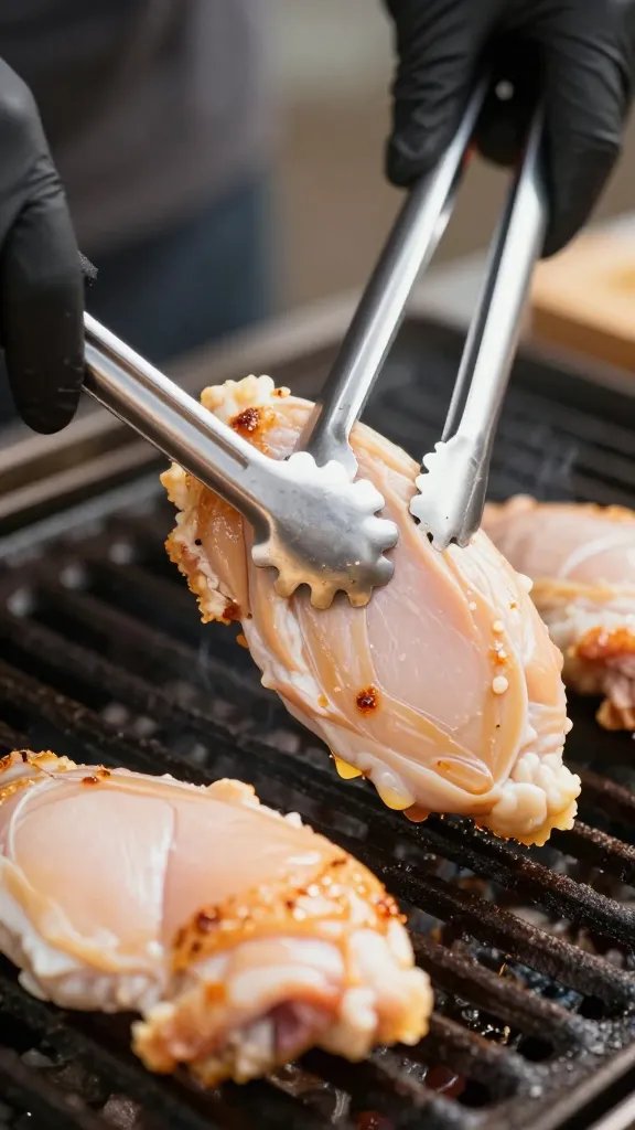 Gloved hand turning one chicken breast with tongs, grill closeup