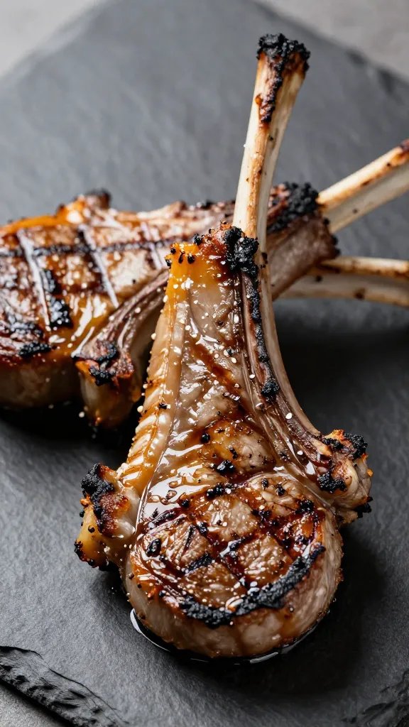 closeup grilled lamb chop with charred edges on slate