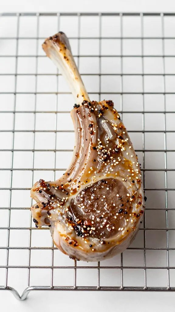 single lamb chop brushed with marinade on wire rack