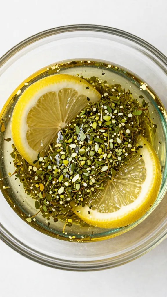 lemon-garlic-oregano marinade in glass bowl, overhead