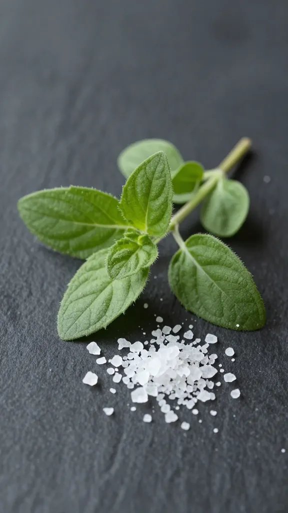 fresh oregano sprig with coarse salt on dark board