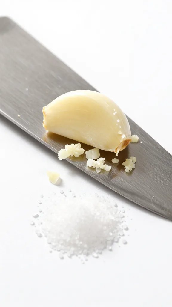 garlic clove crushed with sea salt on chef’s knife