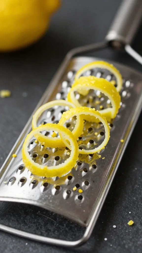 lemon zest curls on microplane grater, tight shot