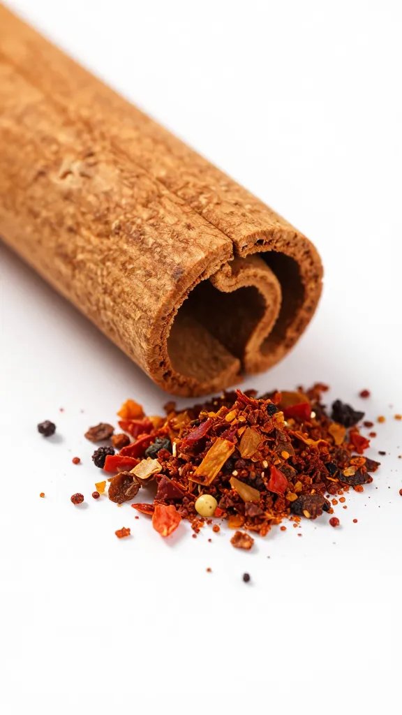 cinnamon stick beside smoked paprika pinch, macro