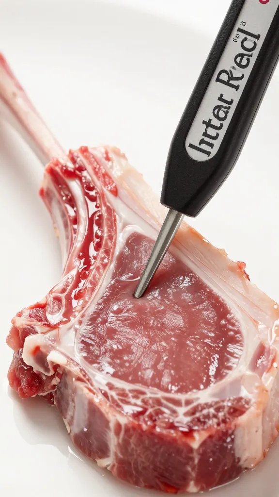 instant-read thermometer inserted in lamb chop, closeup