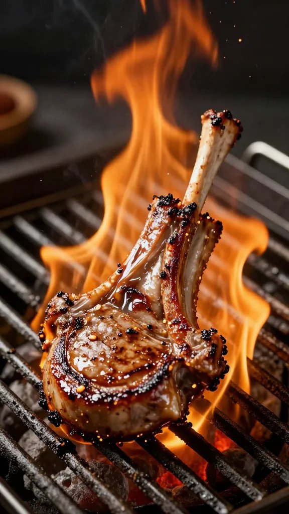 sizzling lamb chop on hot grill grates, flare-up