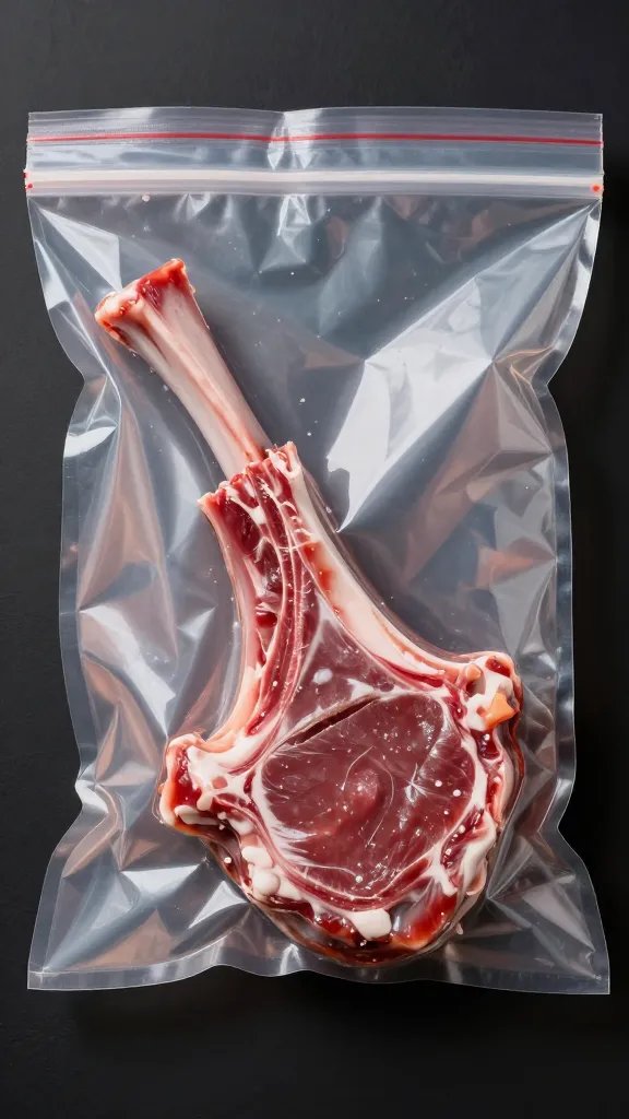 marinated lamb chop in zip bag, pressed flat