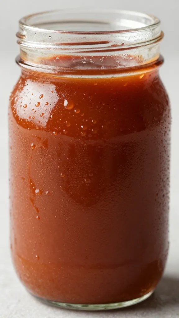closeup mason jar of vinegar bbq sauce, condensation beads
