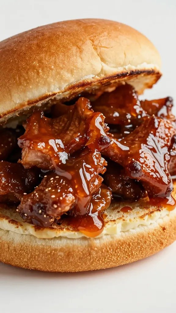 glossy pulled pork sandwich topped with vinegar sauce drizzle