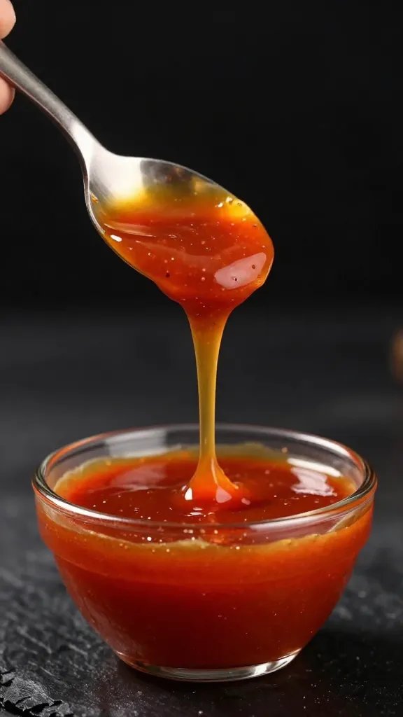 spoon dripping vinegar-forward bbq sauce, black background
