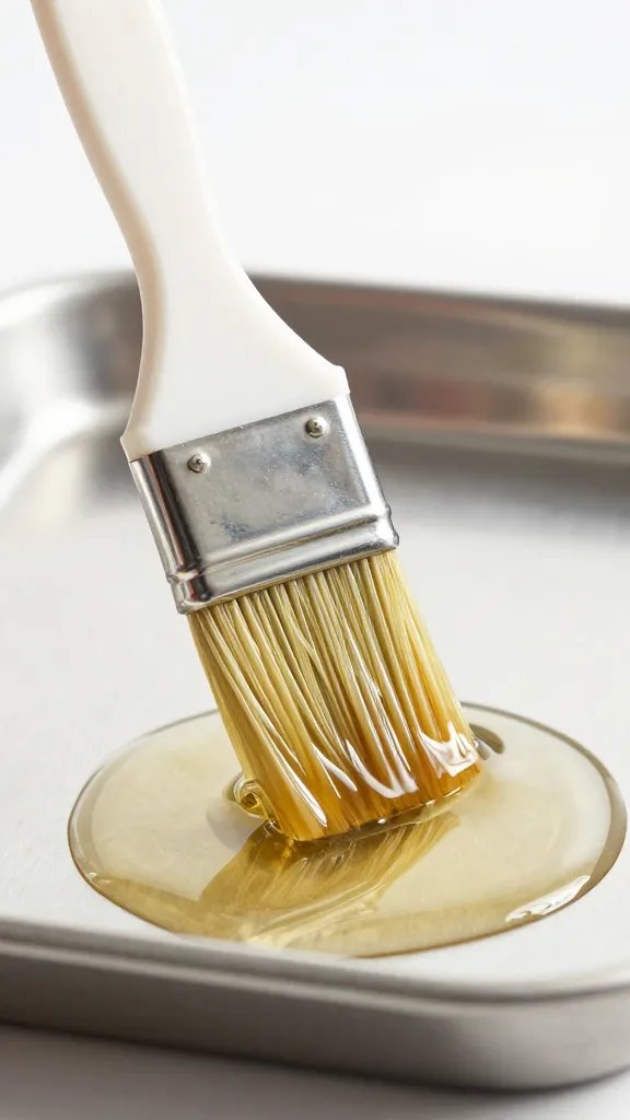 basting brush loaded with vinegar sauce, stainless tray backdrop