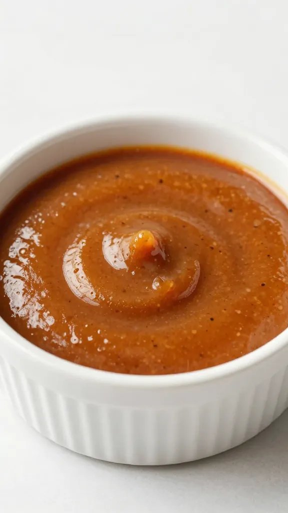 ramekin of pepper-flecked vinegar bbq sauce, shallow depth