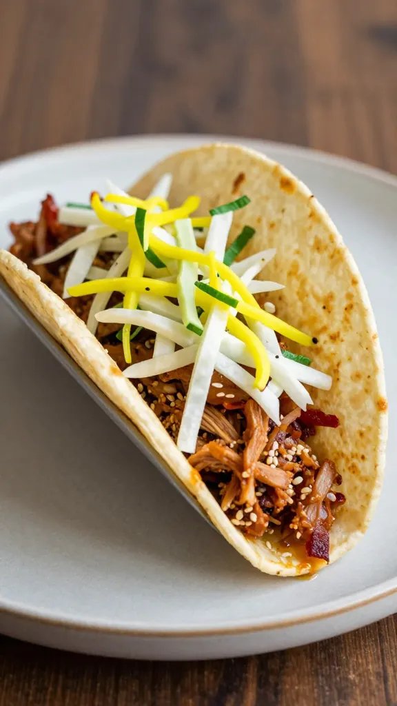 single pulled pork taco with bright vinegar slaw
