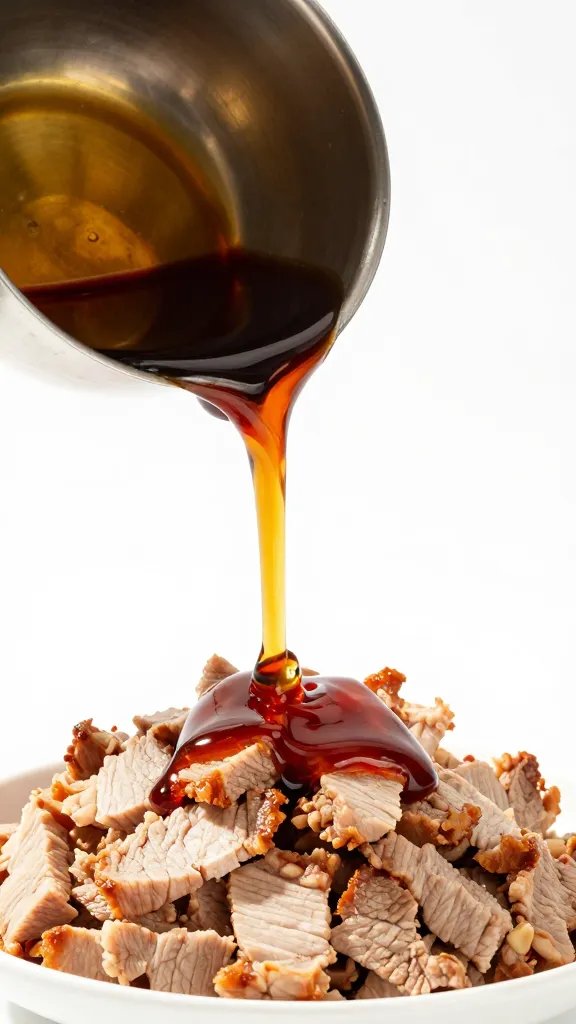 ladle pouring vinegar bbq sauce over chopped pork