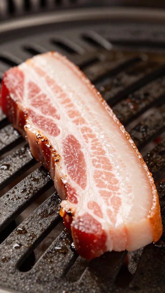 Closeup of lacquered pork belly slice on charcoal grill