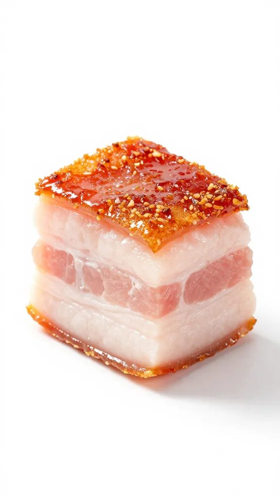 Single glazed pork belly cube with crackly edges