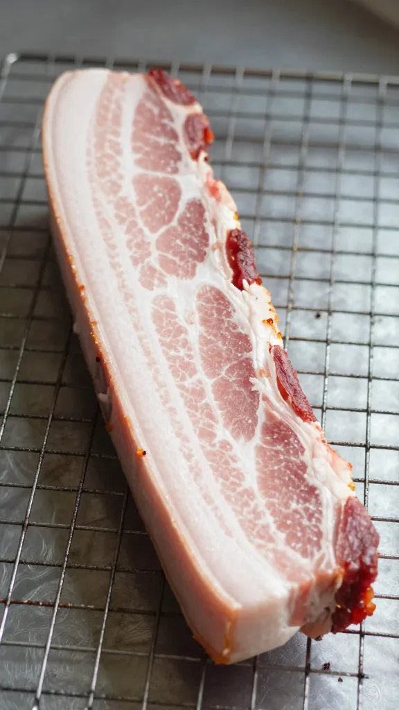 Pork belly slab resting on wire rack after slow roast