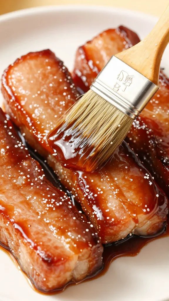 Brush glazing pork belly with sticky BBQ marinade