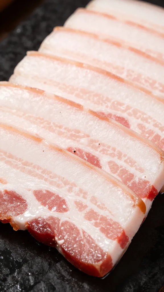 Sliced pork belly showing rendered fat layers